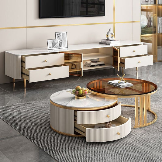 Set of 2 Luxurious Stainless Steel Centre Table, Gold and White