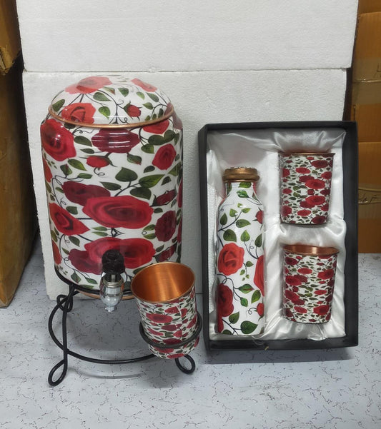 PC Home Decor | Set of 6 Handpainted Copper Water Tank Bottle and Glass Set, Red and White