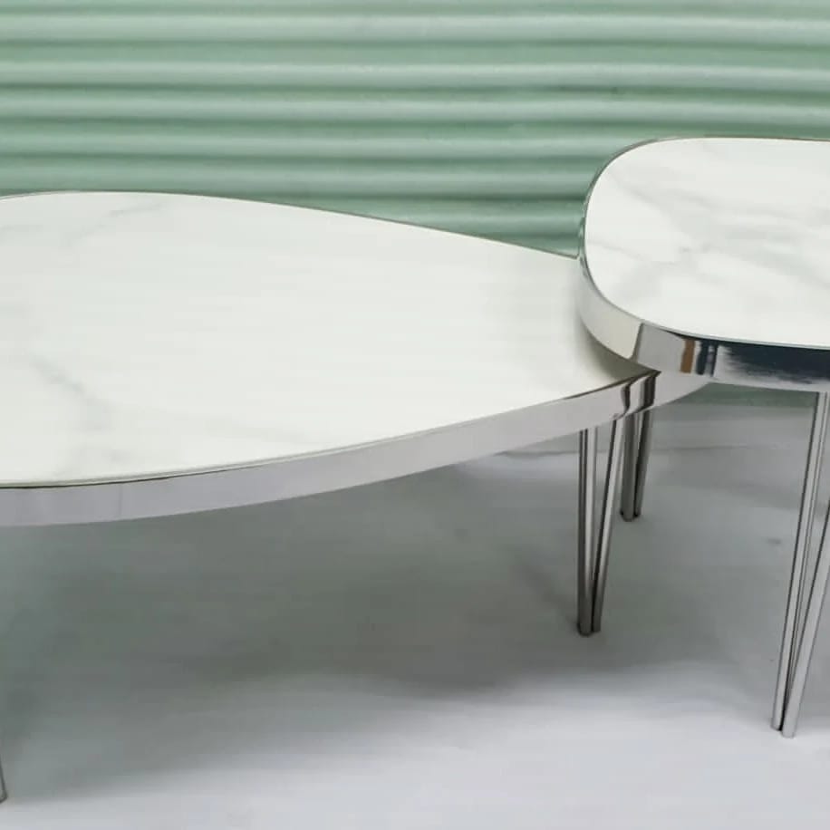 Set of 2 Steel Center Coffee Table with White Marble Top, Steel and White