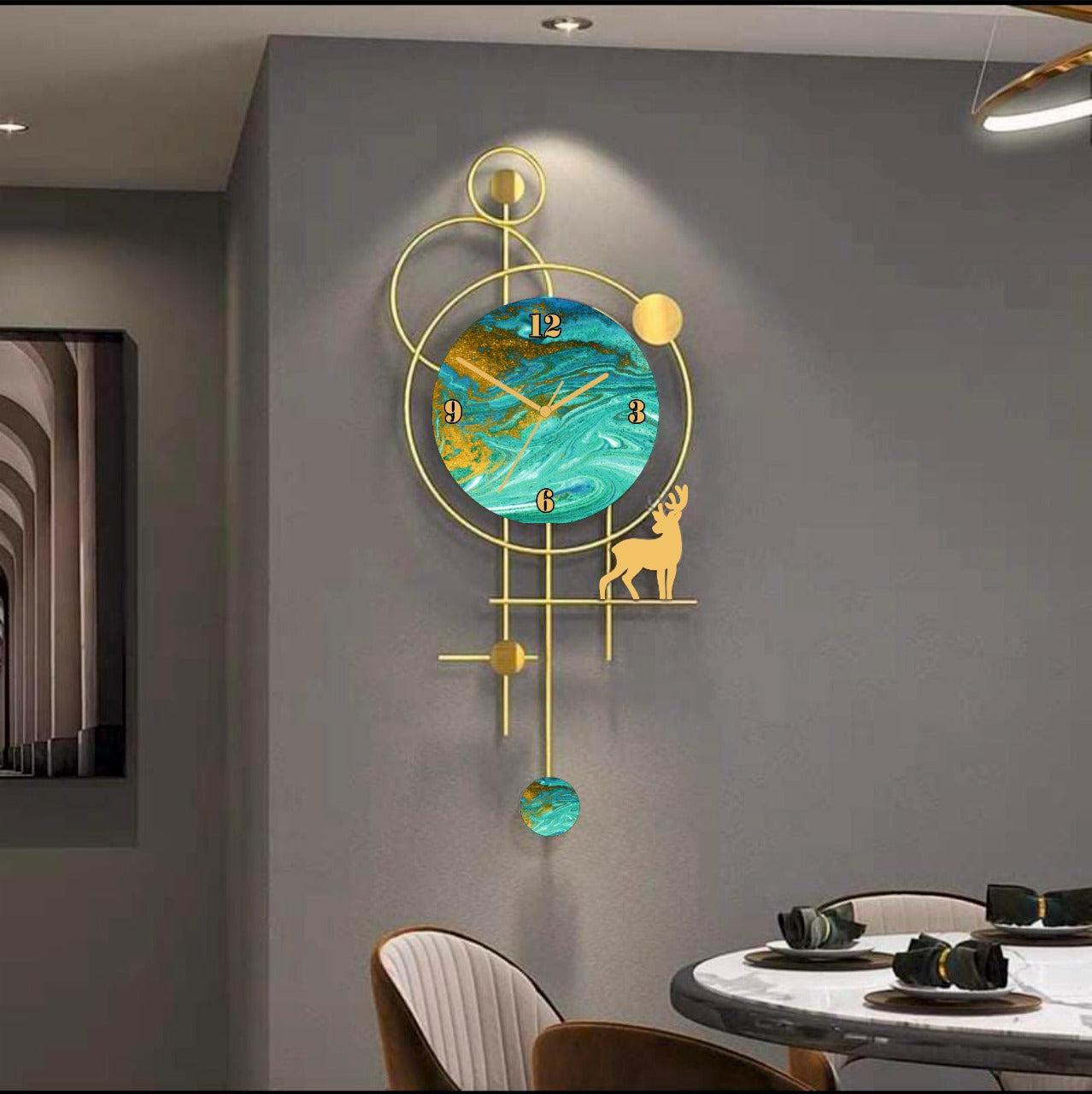 PC Decor | Metal Planet and Deer Wall Clock, Gold and Green