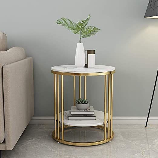 PC Home Decor | Metal Side Sofa Side Table with Marble Top, Gold and White
