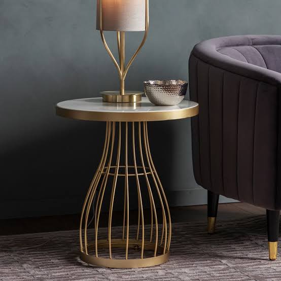 PC Home Decor | Metal Sofa Side Table with Marble Top, White and Gold