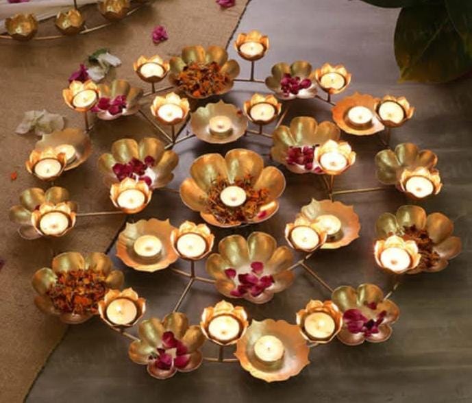 PC Home Decor | Metal Rangoli Design Diya Set, Gold