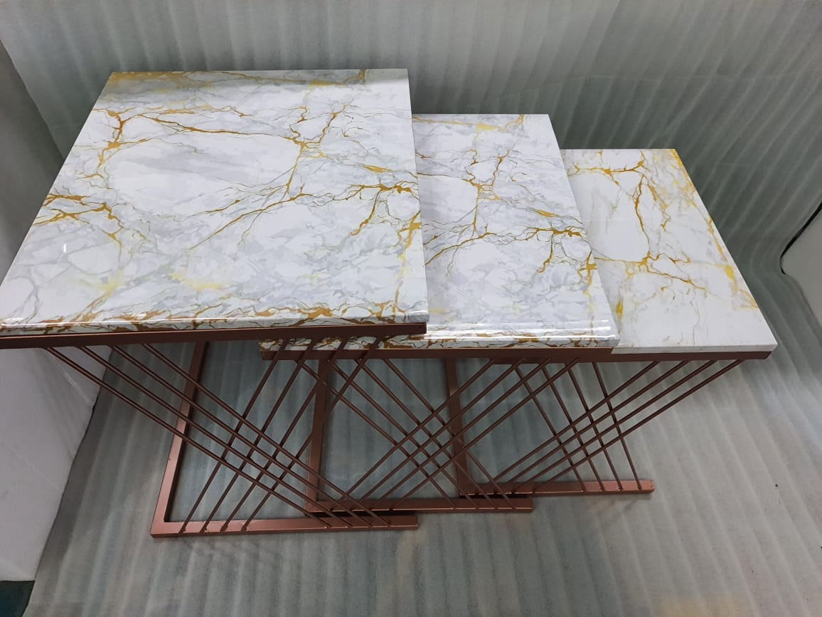 PC Home Decor | Set of 3 Rose Gold Nesting Table with Marble Top, White and Rose Gold