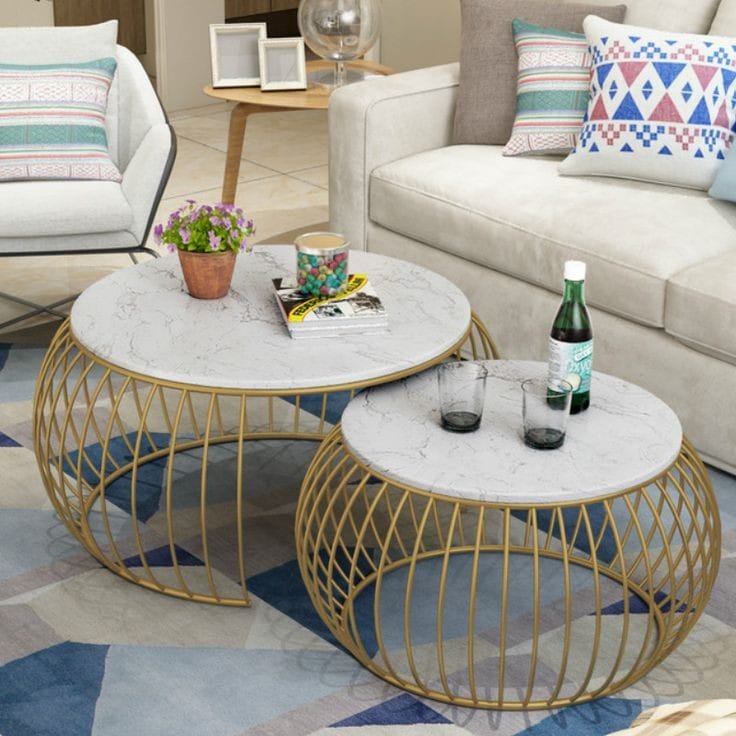 PC Home Decor | Set of 2 Round Nesting Table, White and Gold