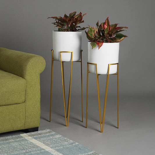 Metal Indoor Plant Stand with Planter Office Bedroom Decoration Modern Shape Set of 2 Gold Stand