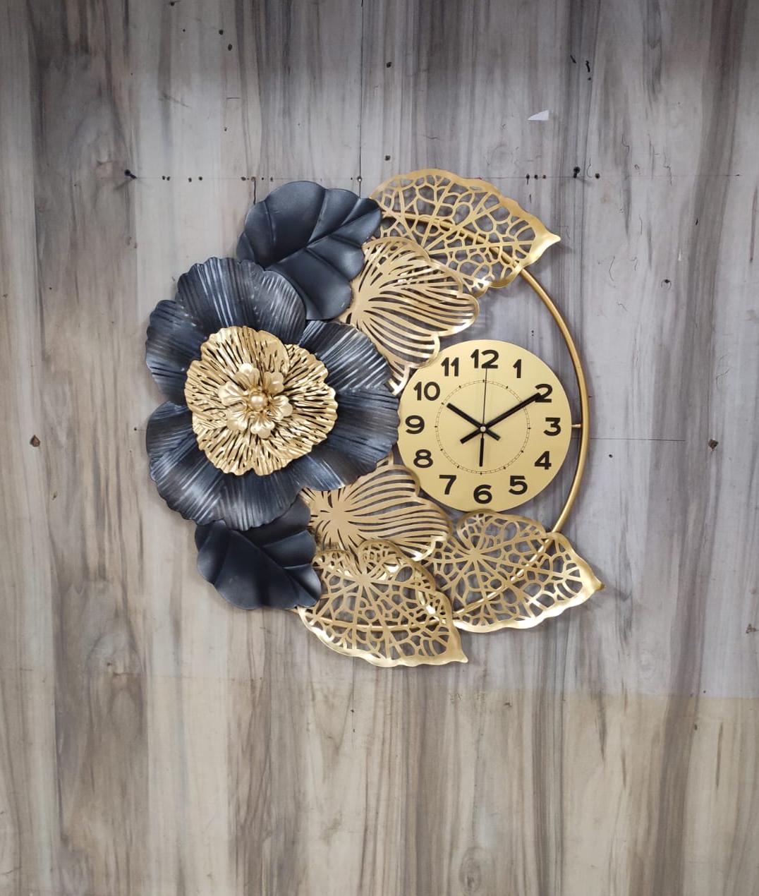 PC Home Decor | Leaf Wall Clock , Grey & Gold