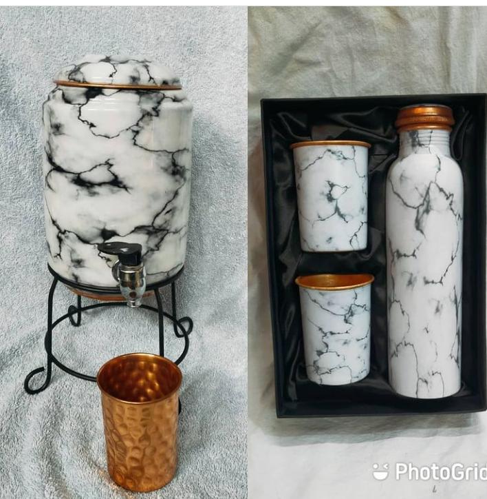 PC Home Decor | Set of 6 Handpainted Copper Water Tank and Bottle Set, White and Green