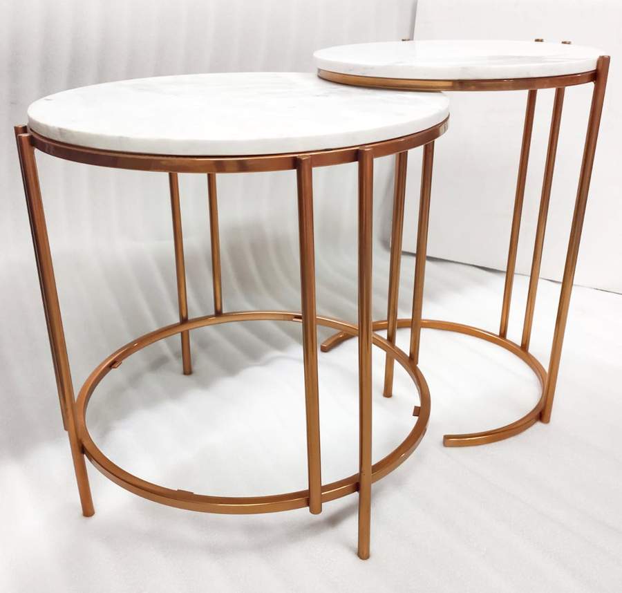 Luxury Set of White Marble Top Steel Tables, White and Gold