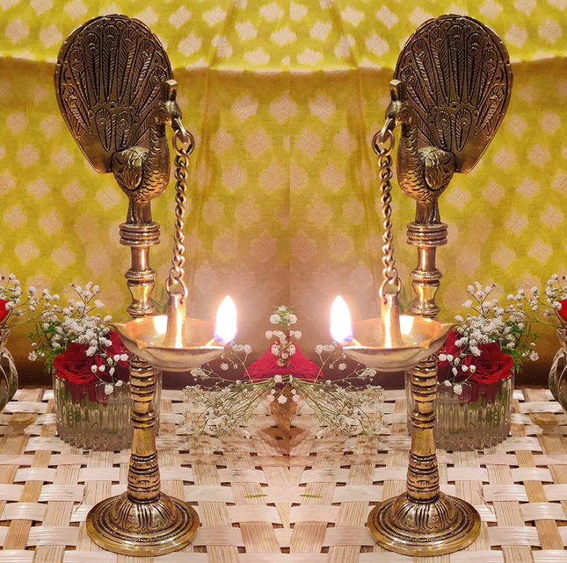 PC Home Decor | Set of 2 Brass Peacock Diyas, Gold