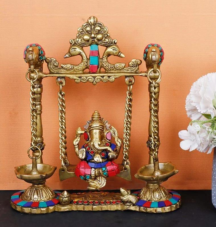 Brass Ganeshji Jhula With Hanging Lamp in Stone Work