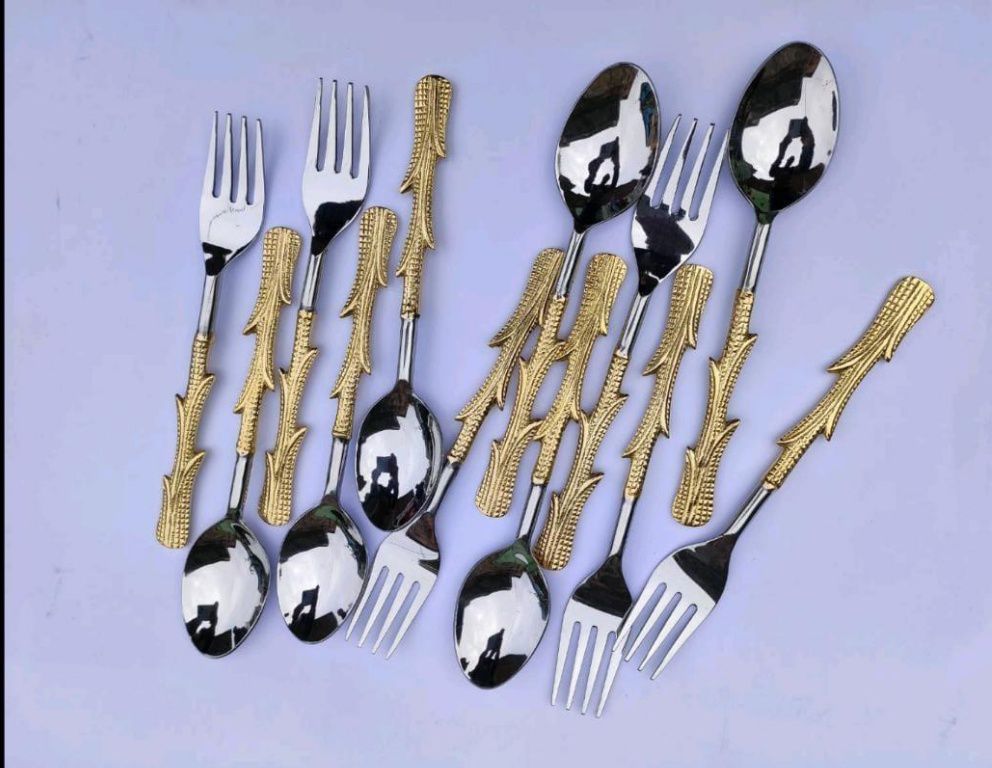 Serve Your Dinner With Multi Gold Leaf Design Cutlery Now Available At Combo Discount (Serving Spoon 6pcs +Dinner Spoon 12pcs)