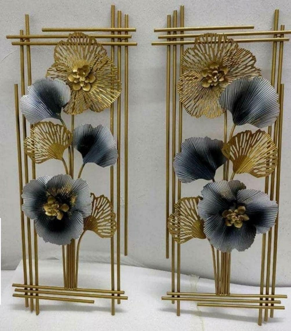 Metal Zingo Floral Design Wall Decor, White and Blue