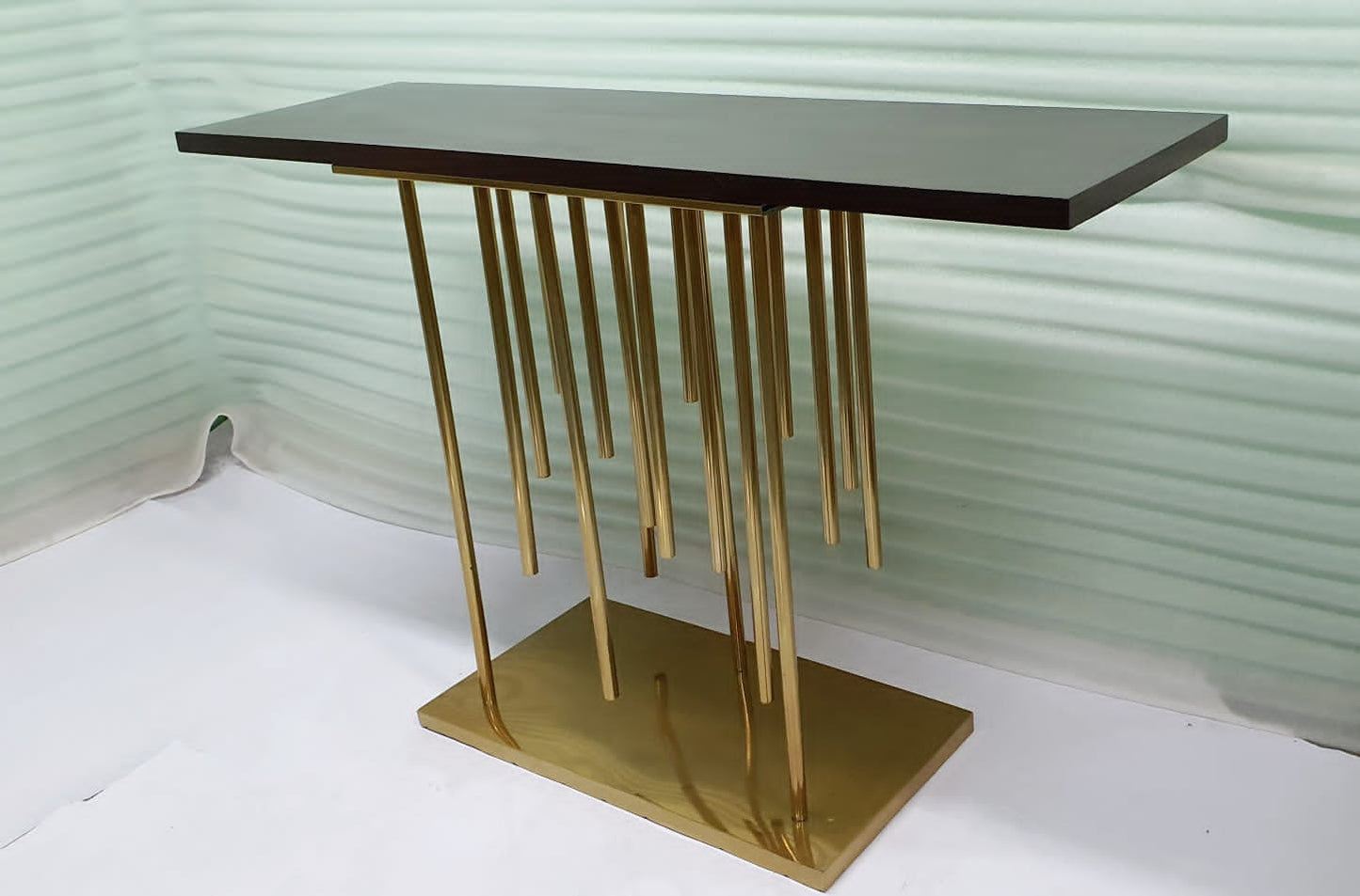 Metal Tall Console Table with Wooden Top, Gold and Brown