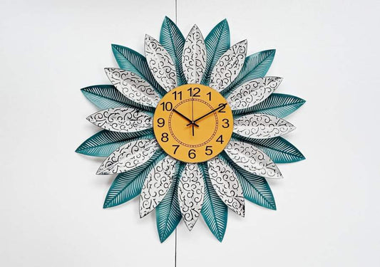 PC Home Decor | Metal Leaf Wall Clock with Yellow Dial, Green and Yellow