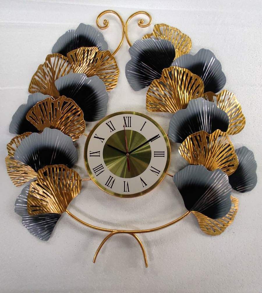PC Home Decor | Small Metal Zingo Design Leaf Ring Clock, Gold and Grey