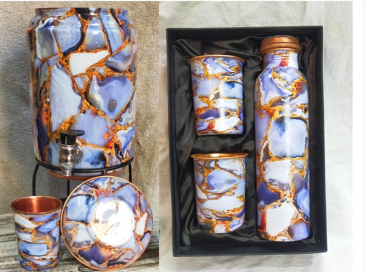 PC Home Decor | Set of 6 Handpainted Copper Water Tank and Bottle Set, Indigo and White