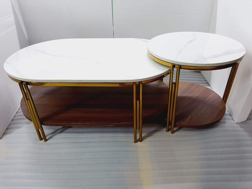 PC Home Decor | Set of 2 Stainless Steel Oval Shape Centre Table, White and Gold