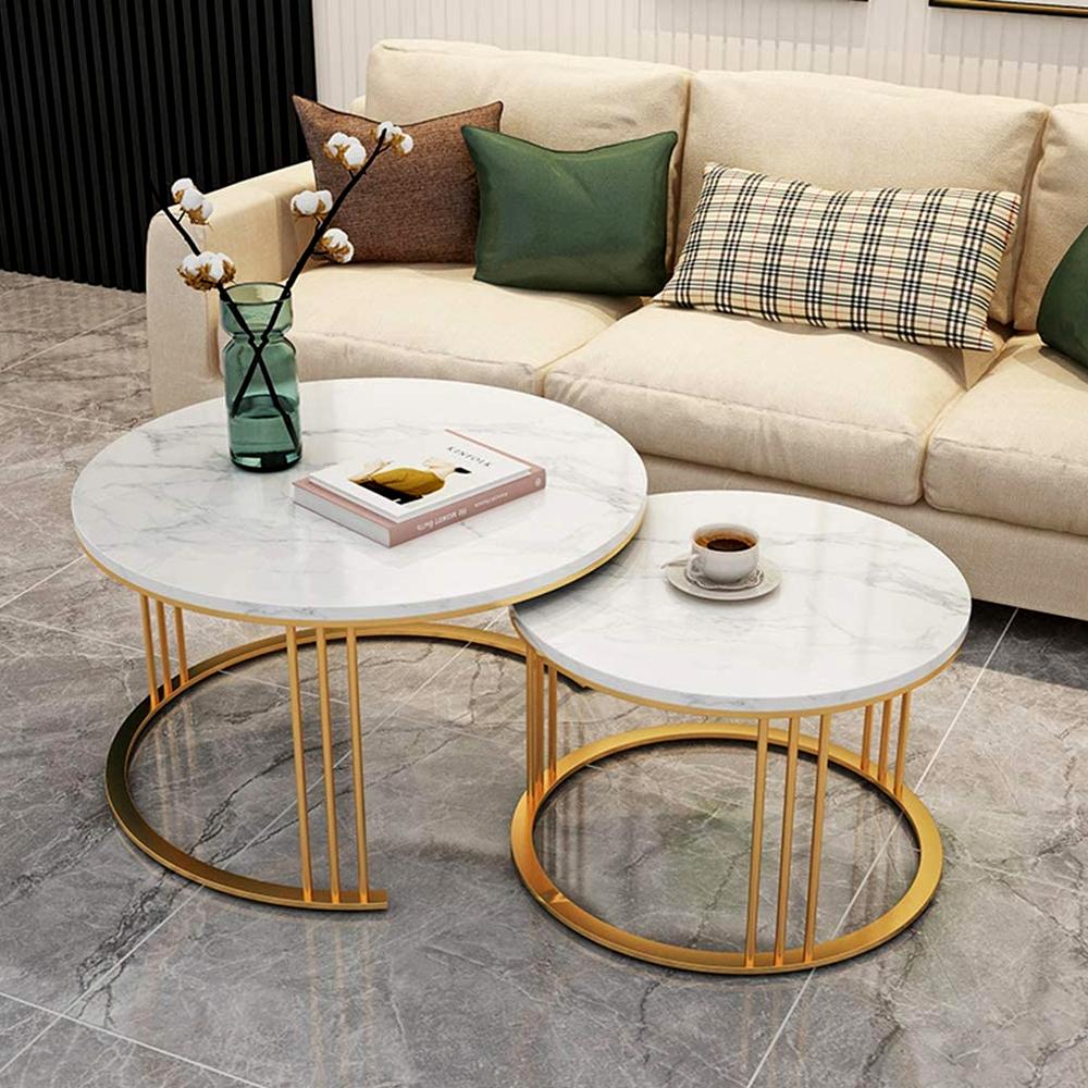 PC Home Decor | Set of 2 Circular Nesting Table, White and Gold