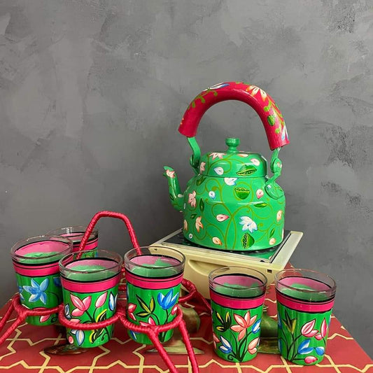 PC Home Decor | Hand Painted Indian Tea Kettle Set with 6 Glasses, Blue and Red, Red and Green