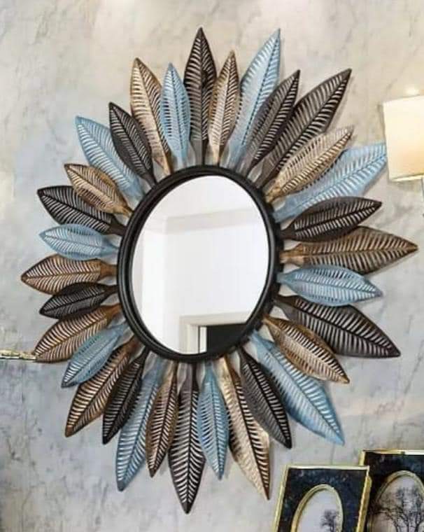 PC Home Decor | Leaf Petal Art Mirror, Gold, Blue and Grey