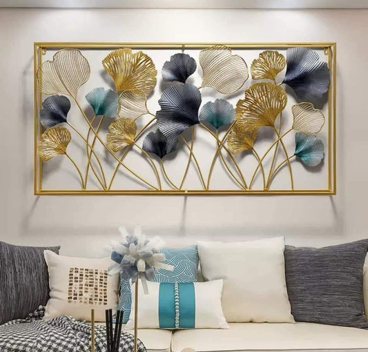 Golden Black and Blue Leaf Design Iron Wall Frame | Double Pipe Metal Wall Art For Home Decoration