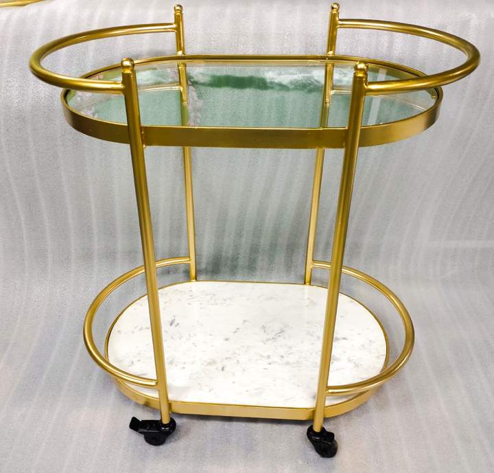 PC Home Decor | Iron Trolly with Marble Bottom, Gold and White