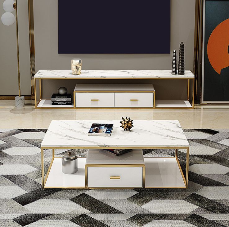 Large Storage TV Cabinet | SS TV Stand | TV Unit With Rectangular Shape With Marble Top in Gold Finish