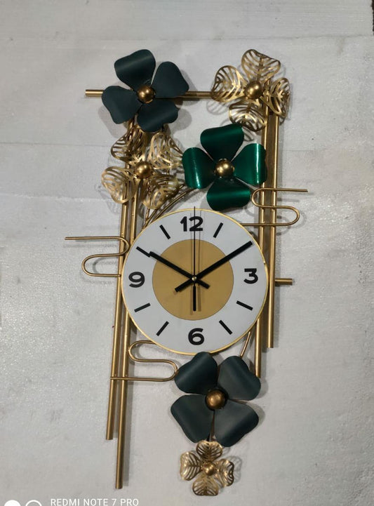 PC Home Decor | Small Vertical Wall Clock with flowers, Green & Gold