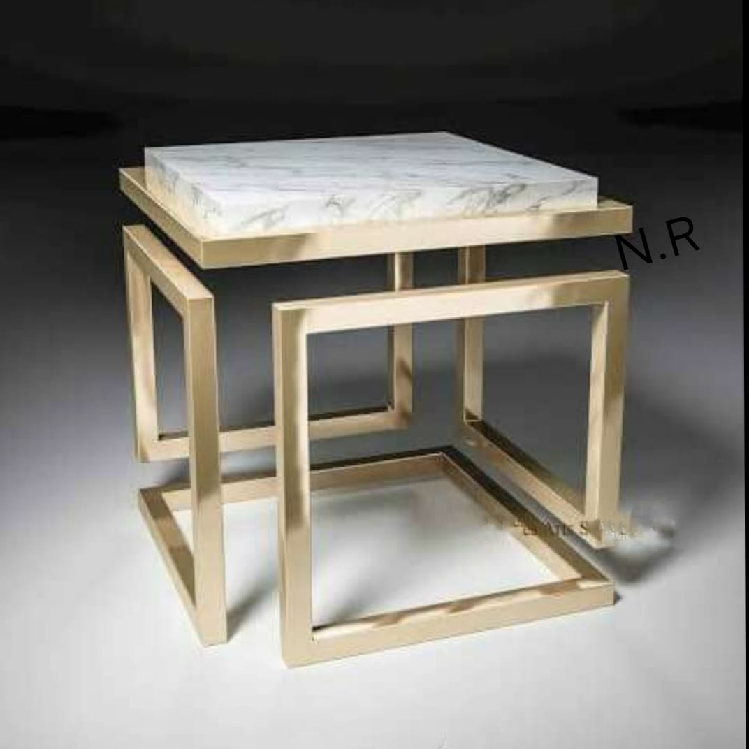 PC Home Decor | Metal Cube Coffee Table with Marble Top, White and Gold