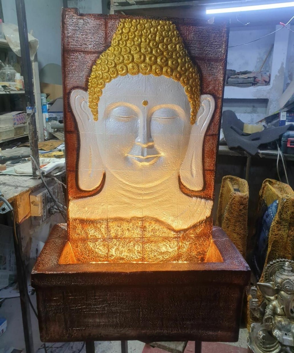 PC Home Decor | Large Slate Fountain Buddha, Gold and White