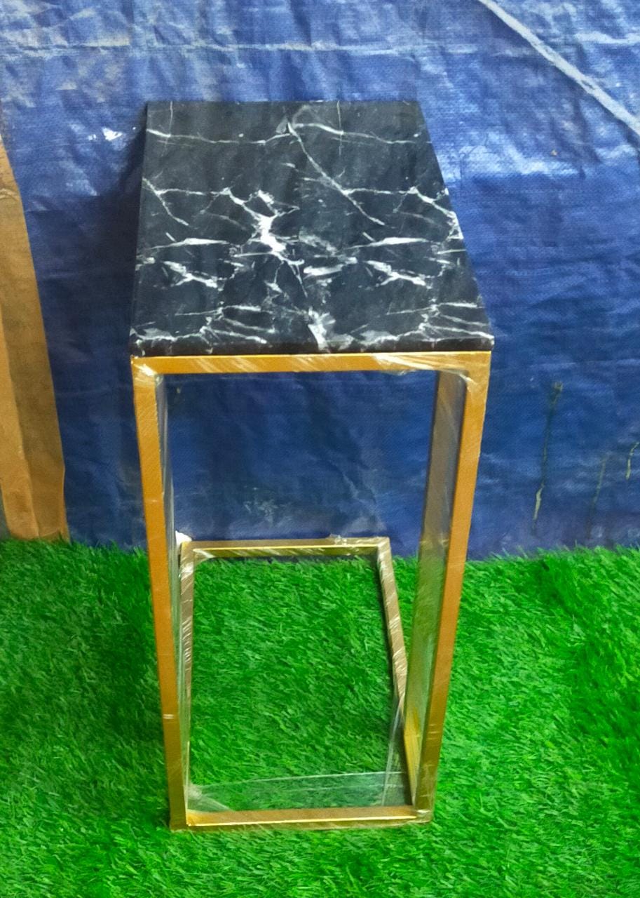 Metal Side Table with Marble Top, Black and Gold