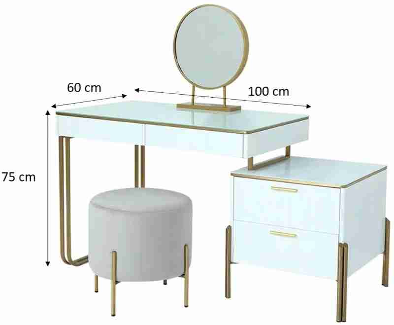 Unique Dressing Table With Side Storage And Puff For Bedroom, White | Gold