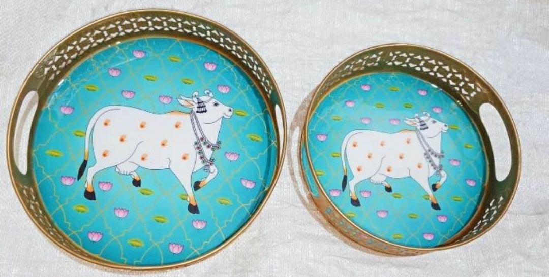 Serve With Style Exclusive Metal Enamel Cow Print Tray Green (10 sets combo)