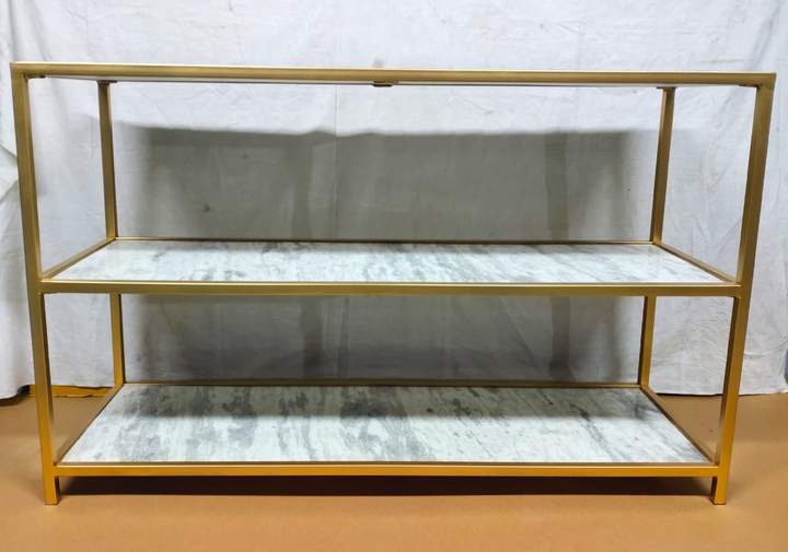 PC Home Decor | Iron Console Table with 3 Marble Bottom, White and Gold