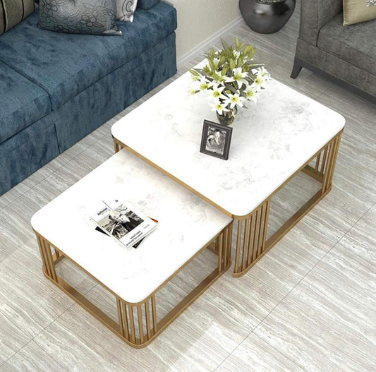 PC Home Decor | Set of 2 Square Centre Table, Gold and White