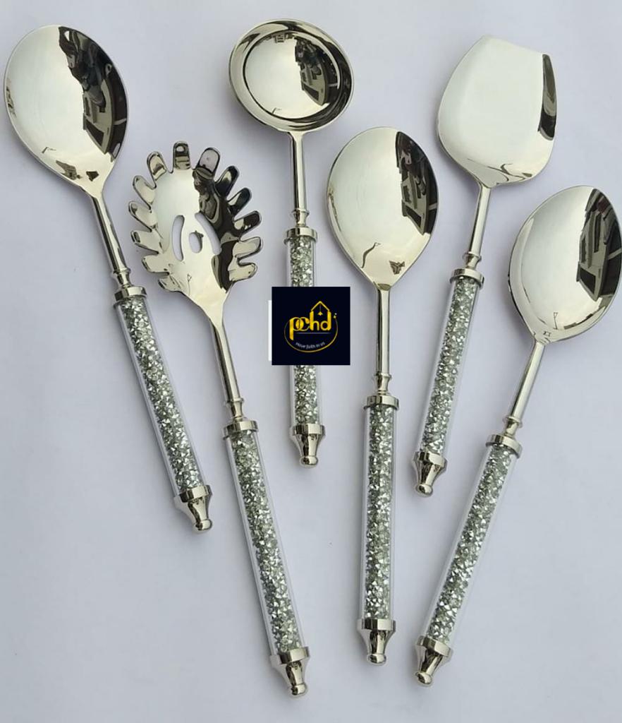Emboss Aluminum Handle Silver Crystal Serving Spoons