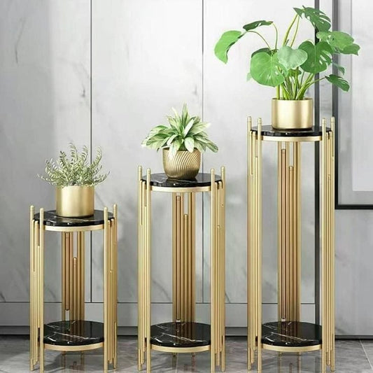 PC Home Decor | Set of 3 Golden Planter Side Table with Glass Tops, Gold