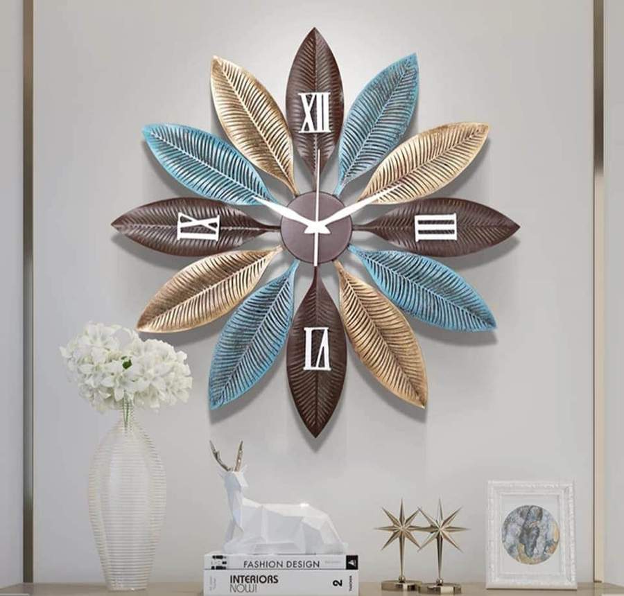 PC Home Decor | Large Metal Leaf Wall Clock , Brown and Blue