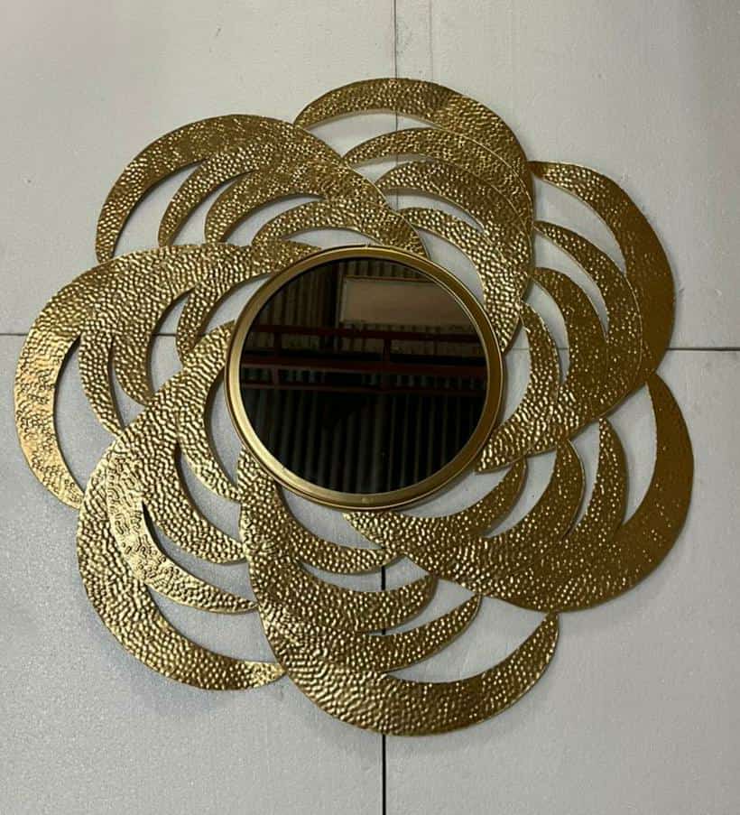 PC Decor | Gold Leaves Design Metal Round Wall Mirror, Gold
