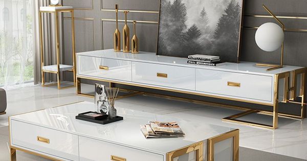 TV Cabinet | SS TV Stand | TV Unit With Rectangular White Colour 3 Drawers Gold  Finish
