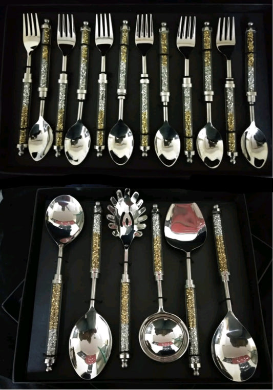Serve Your Dinner With Emboss Aluminum Handle Silver/Golden Crystal Design Cutlery Now Available At Combo Discount (Serving Spoon 6pcs +Dinner Spoon 12pcs)