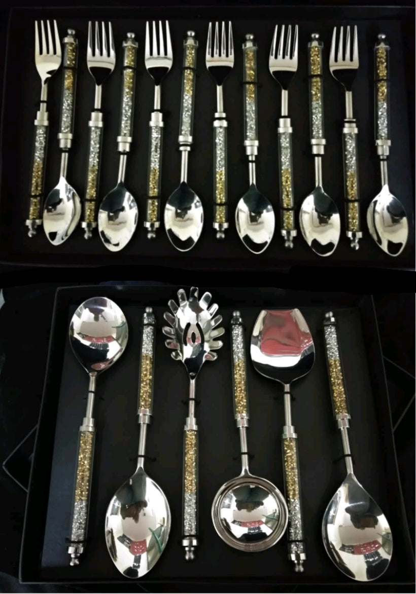 Serve Your Dinner With Emboss Aluminum Handle Silver/Golden Crystal Design Cutlery Now Available At Combo Discount (Serving Spoon 6pcs +Dinner Spoon 12pcs)