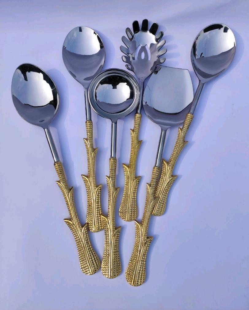 Multi Leaves Gold Finish Handle Serving Spoons Set