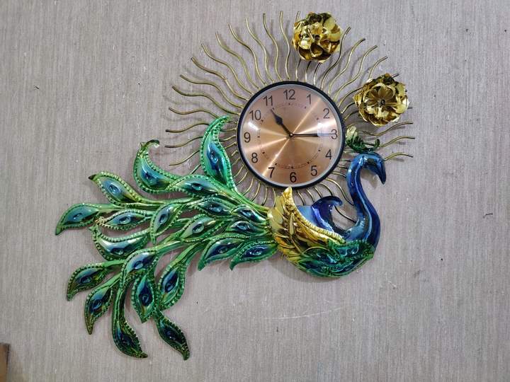 PC Home Decor | Electro Plated Peacock Clock, Green and Gold