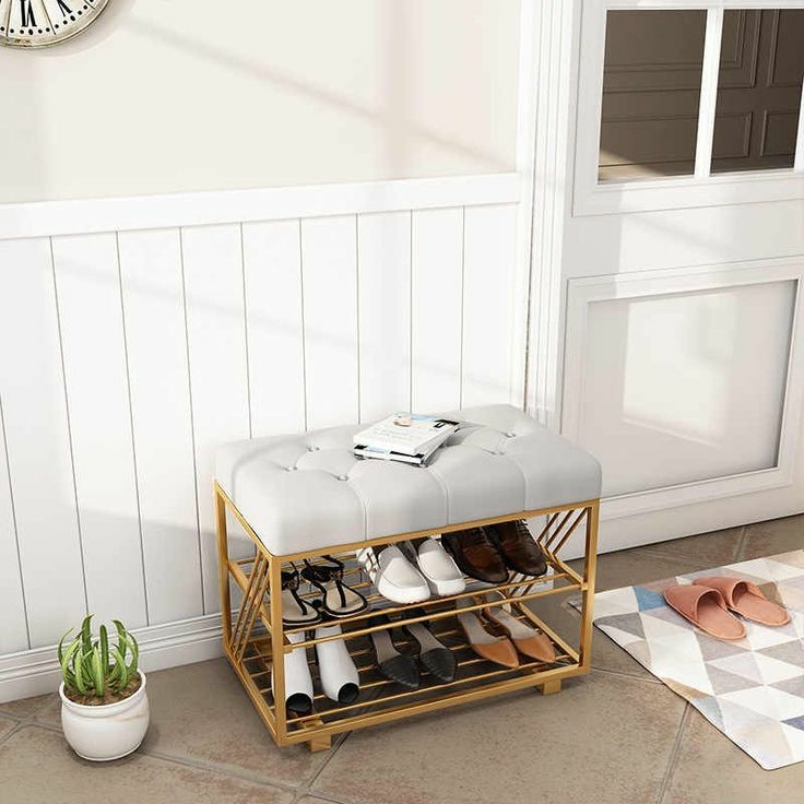 PC Home Decor | Sofa Bench Shoe Rack, White and Gold