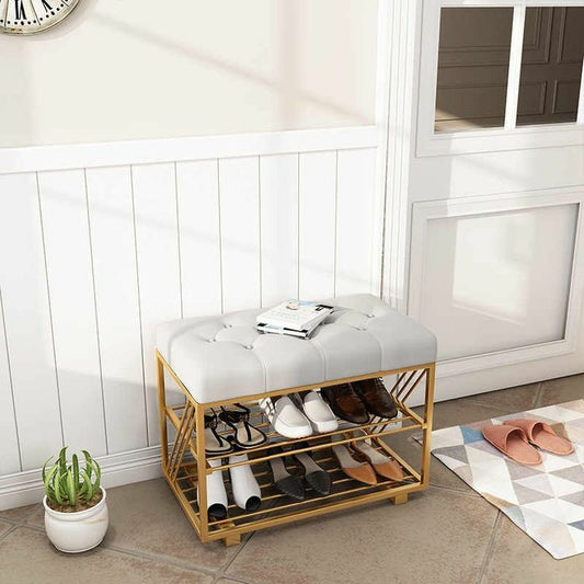 PC Home Decor | Sofa Bench Shoe Rack, White and Gold