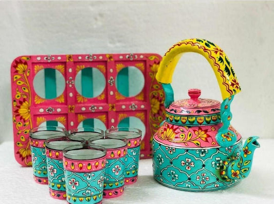 PC Home Decor | Hand Painted Tea Kettle Set with 6 Glasses and Holder, Pink and Green