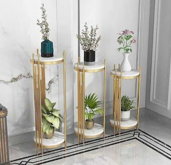 Tall Luxury Marble Plant Stand, White and Gold (Set of 3)
