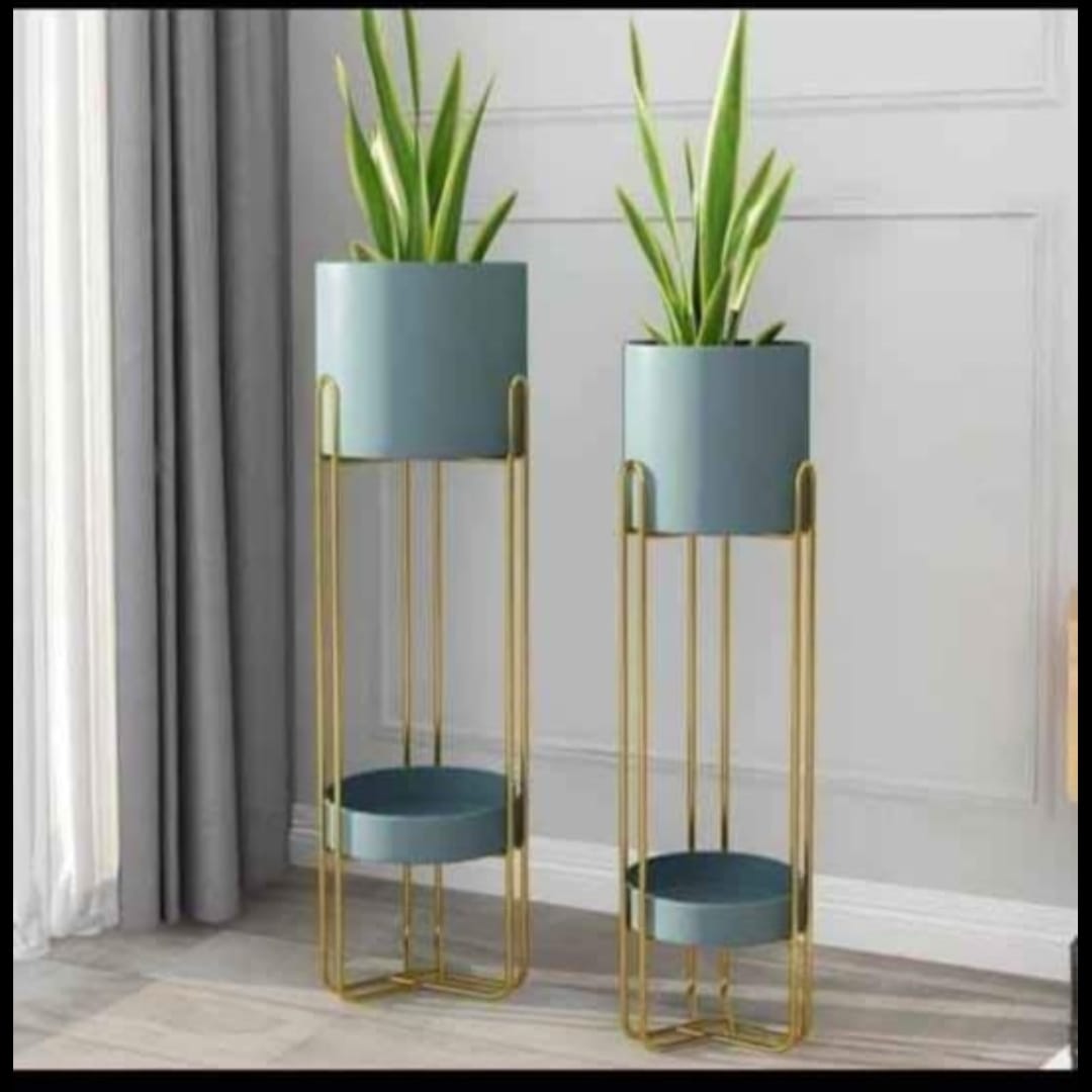 Metal Floor Gold Planter Stand With Planter Pots & Tray,Big